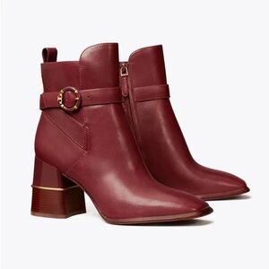 NEW Tory Burch Multi Logo Buckle Leather Heeled Boot in Claret Size 9.5